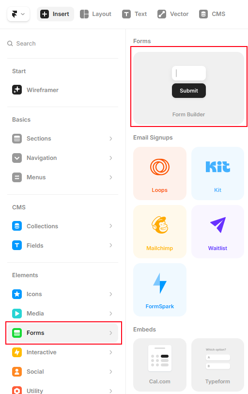 Insert form to Framer